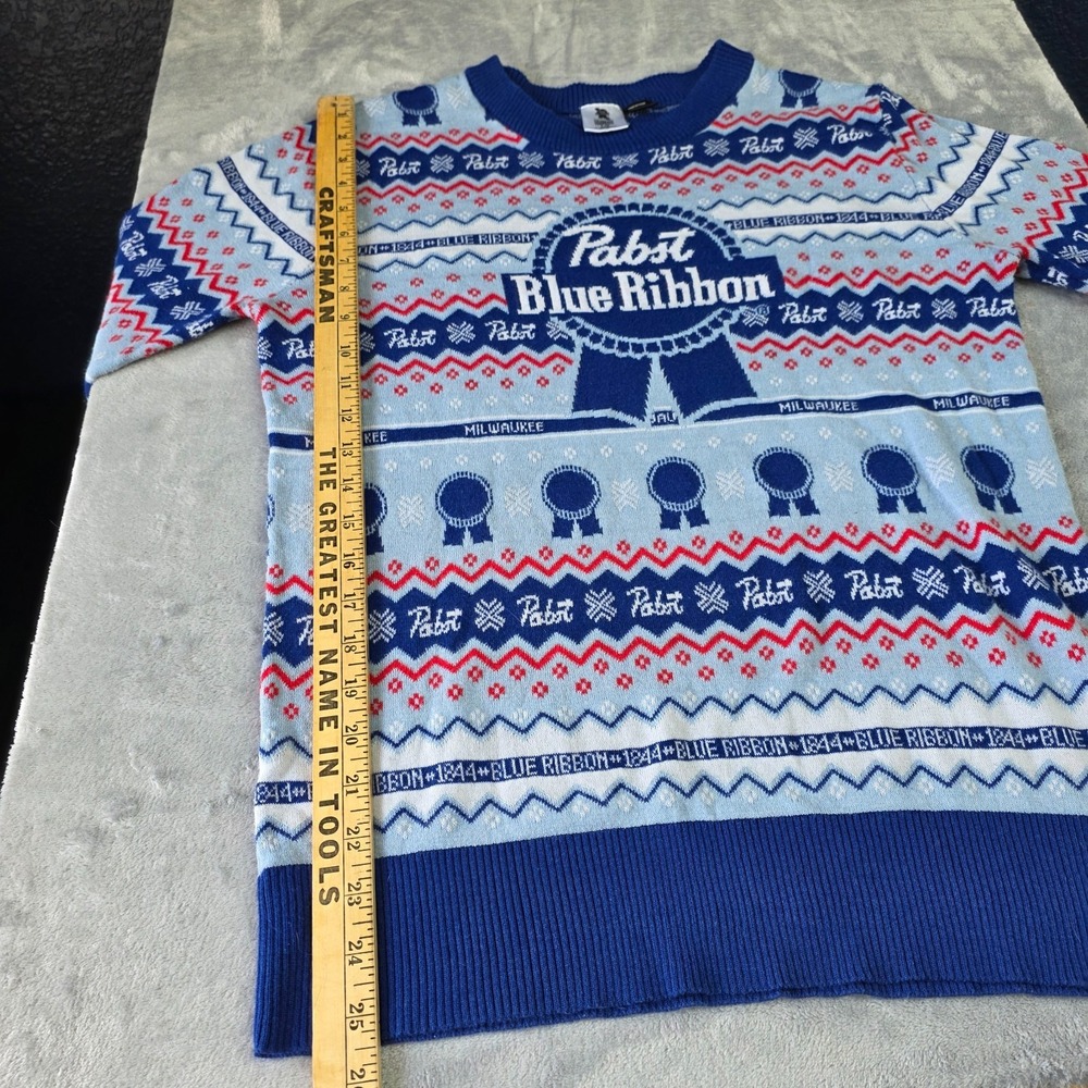 Adult Unisex Beer Pabst Blue Ribbon Funny Holiday‎ Season Ugly Christmas Sweater - Picture 4 of 5